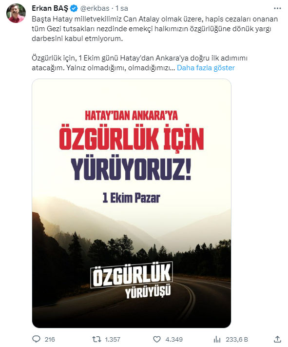 Yargıtay'ın Gezi kararına tepki gösteren Erkan Baş, 1 Ekim'de Hatay'dan Ankara'ya doğru yürüyüş başlatacak