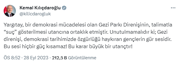 Kılıçdaroğlu'ndan Yargıtay'ın Gezi Parkı davasıyla ilgili kararına tepki: Büyük bir utançtır