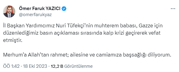 Saadet Partisi İstanbul İl Başkanı Yardımcısı'nın babası, İsrail Konsolosluğu önündeki protestoda hayatını kaybetti