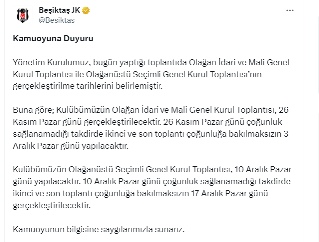 Son Dakika: Beşiktaş'ta başkanlık seçimi yeterli çoğunluk sağlanırsa 10 Aralık, sağlanamazsa 17 Aralık'ta tarihinde yapılacak