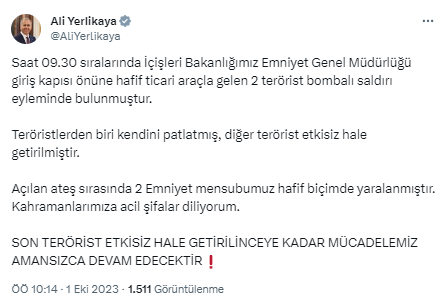 Son Dakika: Bakan Yerlikaya'dan ilk açıklama! İşte İçişleri Bakanlığı'na yapılan bombalı saldırı girişiminin detayları