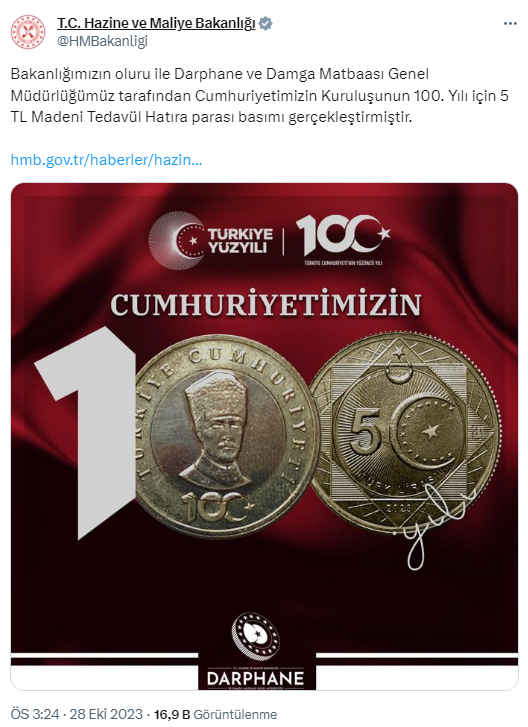 Cumhuriyet'in 100. yılına özel 5 TL'lik madeni para tedavüle girdi