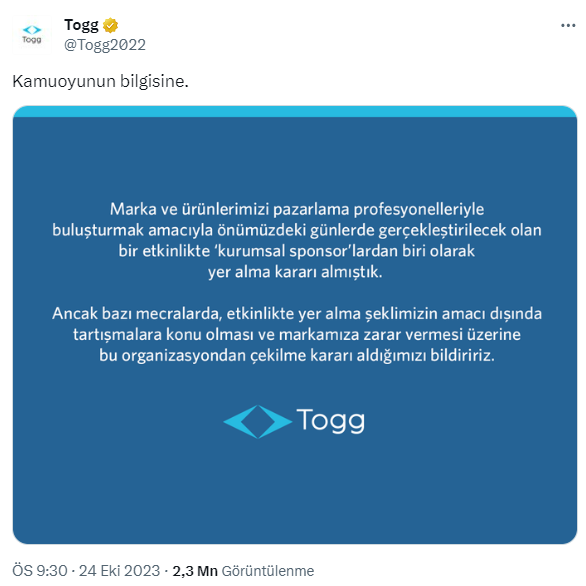 Togg, tepkiler sonrası Fatih Altaylı'nın da yer aldığı etkinliğin sponsorluğundan çekildi