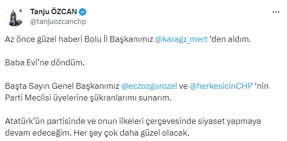 Parti meclisi kararıyla CHP'ye geri gelen Tanju Özcan: Baba evine döndüm