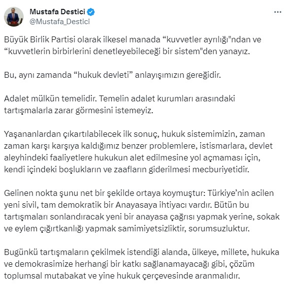 BBP lideri Mustafa Destici'den Yargıtay-AYM kriziyle ilgili açıklama: Türkiye'nin acilen yeni, tam demokratik anayasaya ihtiyacı vardır