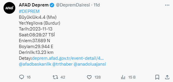 Burdur'un Yeşilova ilçesinde 4.4 büyüklüğünde deprem