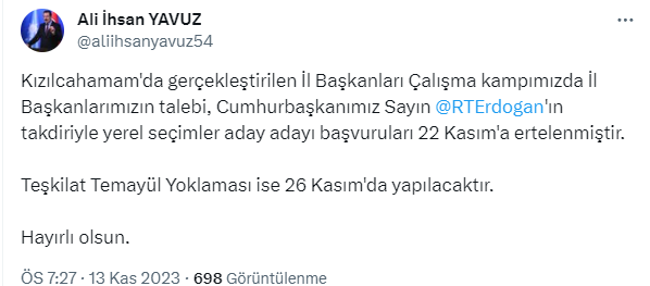 AK Parti'de yerel seçim için aday adaylığı başvuruları 22 Kasım'a ertelendi