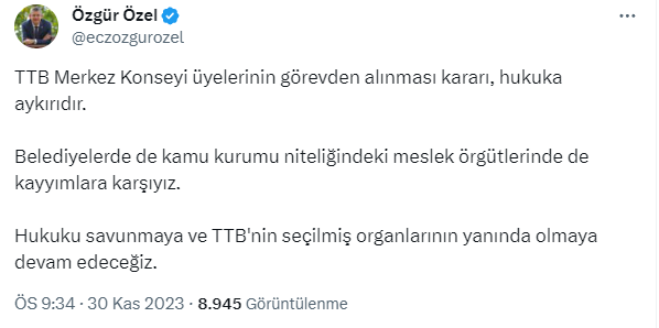 Özgür Özel'den TTB Merkez Konseyi'nin görevden alınmasına tepki