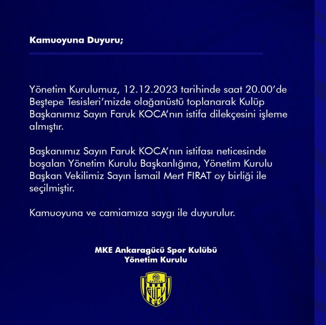 Ankaragücü'nün yeni başkanı İsmail Mert Fırat oldu