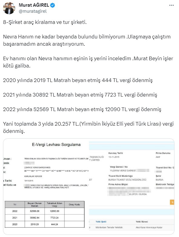 Gösterişli hayatıyla tanınan Nevra Bilem ve eşi 3 yılda sadece 20 bin TL vergi ödemiş