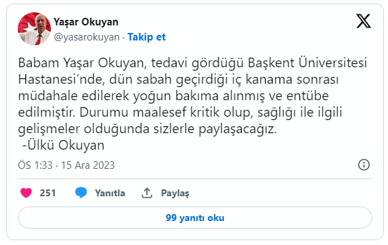 Yaşar Okuyan hastaneye kaldırıldı! Entübe edilen eski bakanın durumu kritik