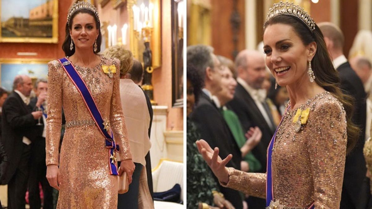Kate Middleton altın elbisesi ve pırlantalarıyla göz kamaştırdı