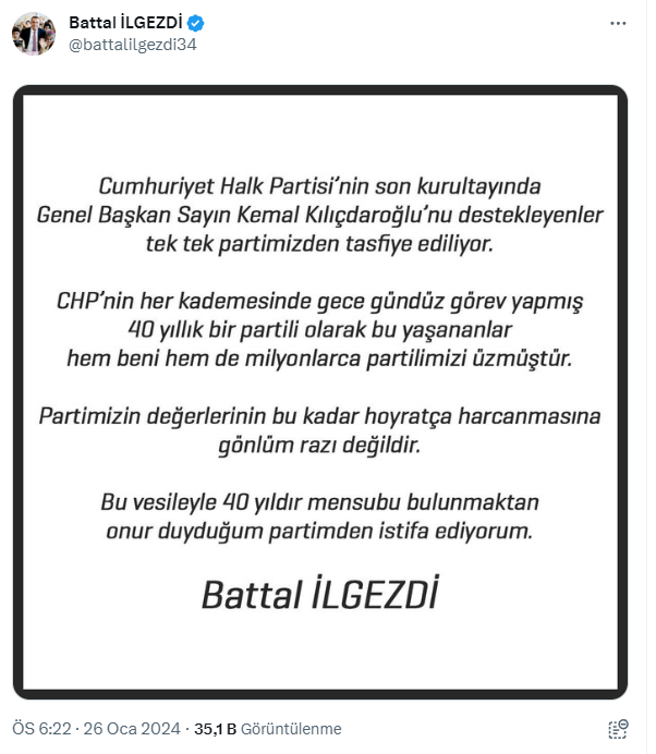 Ataşehir Belediye Başkanı Battal İlgezdi CHP'den istifa etti