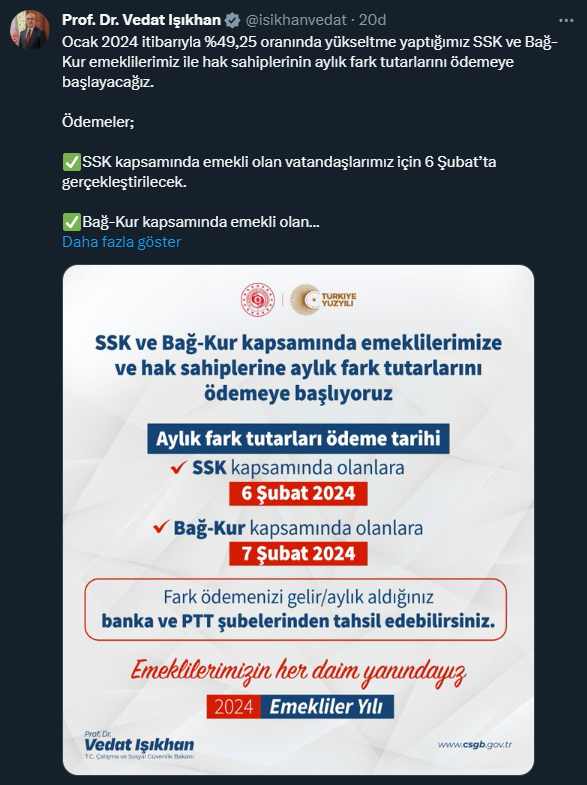 SSK ve Bağ-Kur emeklilerinin fark ödemeleri 6-7 Şubat'ta yapılacak