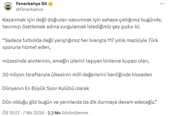 Fenerbahçe'den Süper Kupa maçı sonrası açıklama: Dik durmaya devam edeceğiz