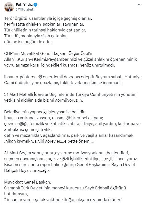 MHP'li Feti Yıldız'dan CHP lideri Özel'e 