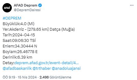 Muğla Datça'da 4 büyüklüğünde deprem