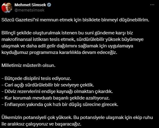 Bakan Şimşek'ten lüks araç eleştirilerine yanıt: Bisiklete binmeyi düşünebilirim