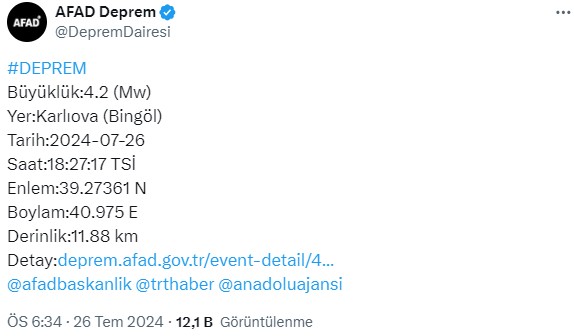 Bingöl'ün Karlıova ilçesinde 4,2 büyüklüğünde deprem