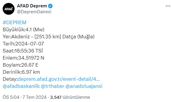 Muğla'da 4,1 büyüklüğünde deprem