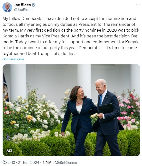 Yarıştan çekilen Joe Biden, adaylık için yardımcısı Kamala Harris'i destekleyecek