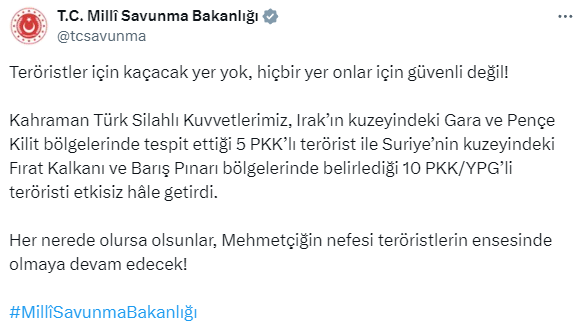 Terör örgütüne ağır darbe! Irak ve Suriye'nin kuzeyinde 15 PKK'lı öldürüldü