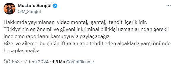 Mustafa Sarıgül: Hakkımda yayımlanan video montaj, şantaj, tehdit içeriklidir