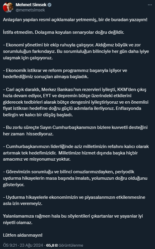 Hazine ve Maliye Bakanı Şimşek: İstifa etmedim, dolaşıma koyulan senaryolar doğru değil