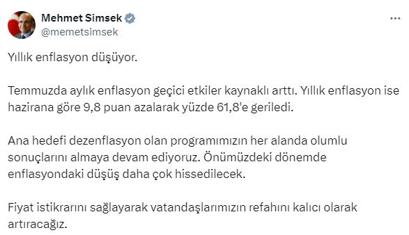 Mehmet Şimşek'ten temmuz ayı enflasyon rakamlarına ilk yorum