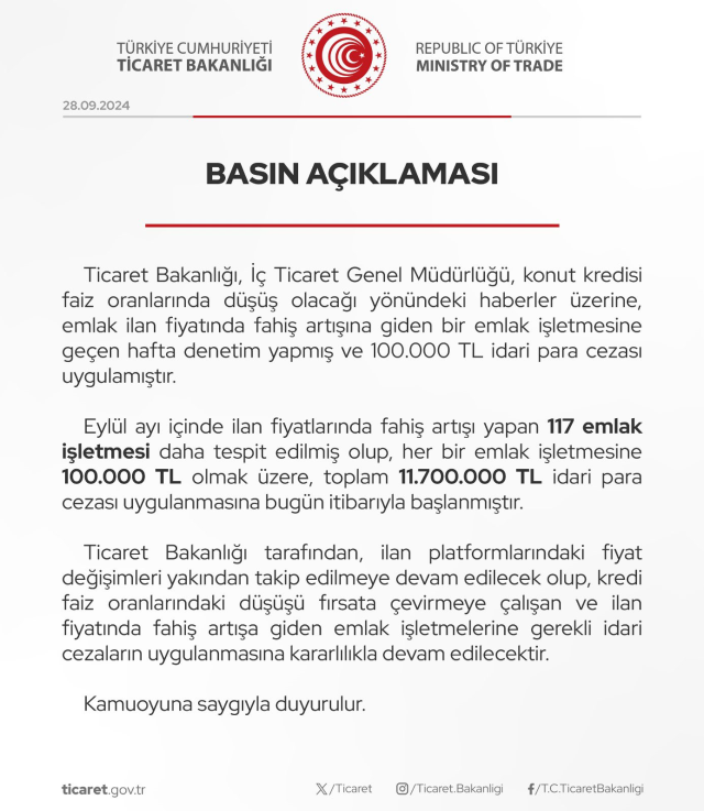 Ticaret Bakanlığı'ndan emlak işletmelerine ceza: 11 milyon 700 bin TL