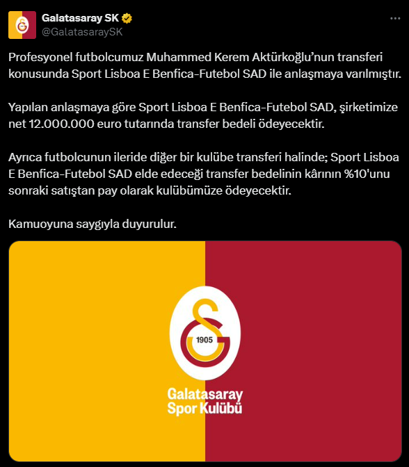 Galatasaray, Kerem Aktürkoğlu'nun bonservisini açıkladı