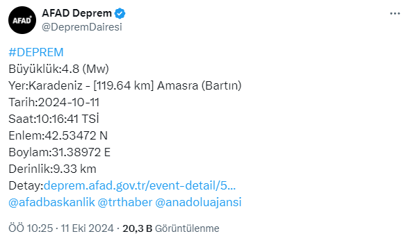 Bartın açıklarında 4.8'lik deprem