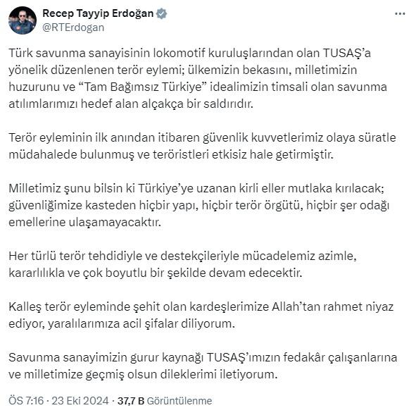 TUSAŞ'taki hain terör saldırısı sonrasında Erdoğan'dan ilk açıklama geldi