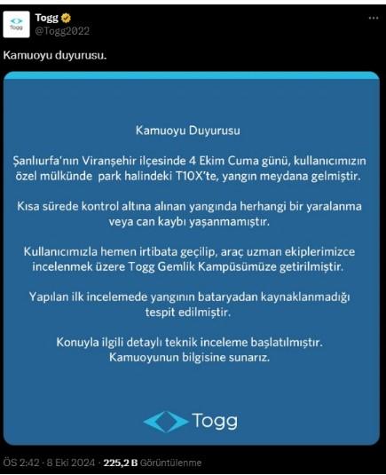 Alev topuna dönen Togg hakkında açıklama geldi