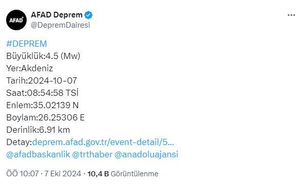 Akdeniz açıklarında 4.5 büyüklüğünde deprem! Sarsıntı birçok ilimizde hissedildi