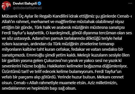 Bahçeli'den Ferdi Tayfur'a duygusal veda: Bir parçamı alıp götürdü