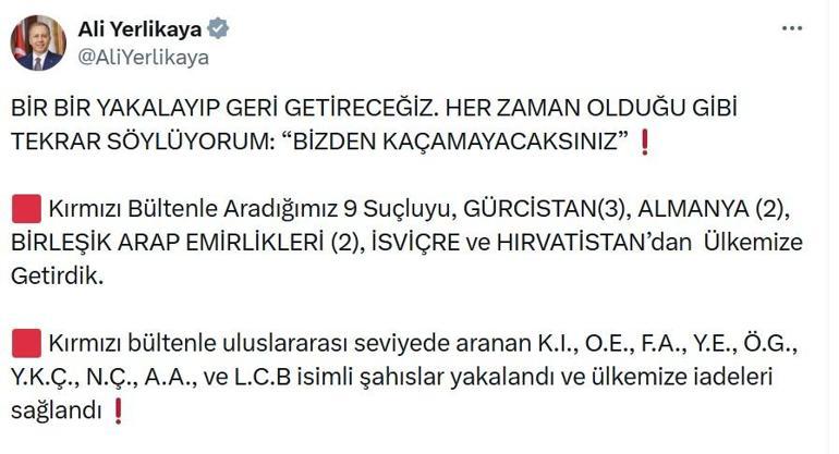 Kırmızı bültenle aranan 9 suçlunun Türkiye'ye iadesi sağlandı