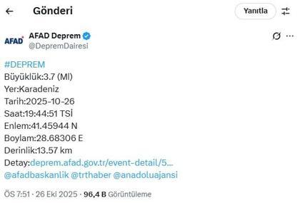 İstanbul'da 3.7 büyüklüğünde deprem