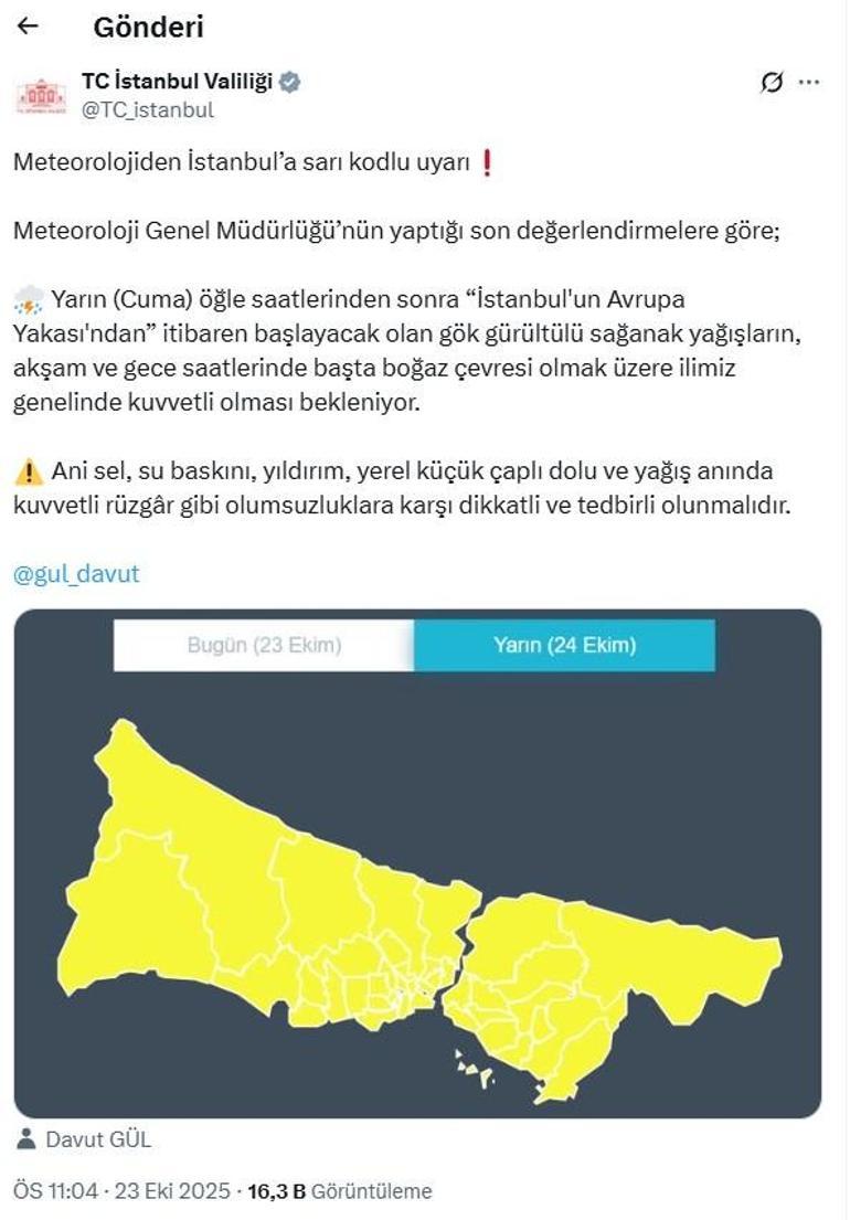 İstanbul Valiliği'nden sarı kodlu sağanak yağış uyarısı
