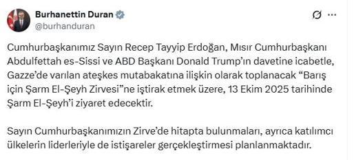 Cumhurbaşkanı Erdoğan, Gazze zirvesi için yarın Mısır'a gidecek
