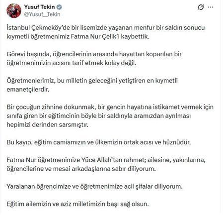 Bakan Tekin'den Çekmeköy'de öldürülen öğretmen için taziye mesajı