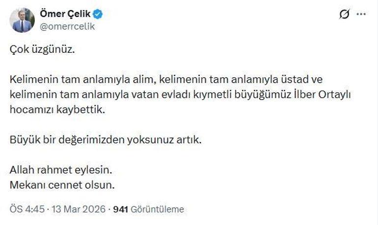 AK Parti Sözcüsü Çelik'ten İlber Ortaylı için taziye mesajı