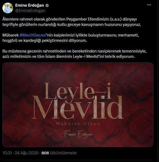 Emine Erdoğan'dan 'Mevlit Kandili' mesajı